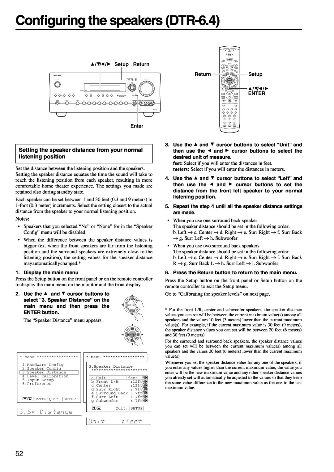 Integra DTR-6.4/5.4 instruction manual Conﬁguring the speakers DTR-6.4, Notes 