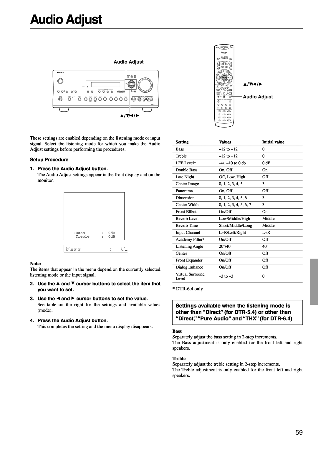 Integra DTR-6.4/5.4 instruction manual Audio Adjust, Bass, Treble 