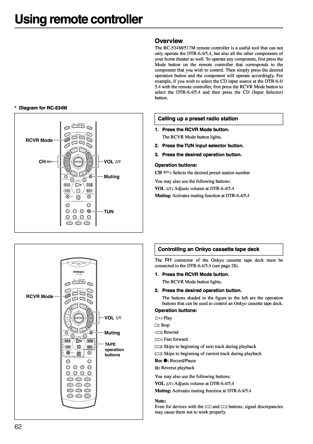Integra DTR-6.4/5.4 instruction manual Using remote controller, Overview, Calling up a preset radio station 