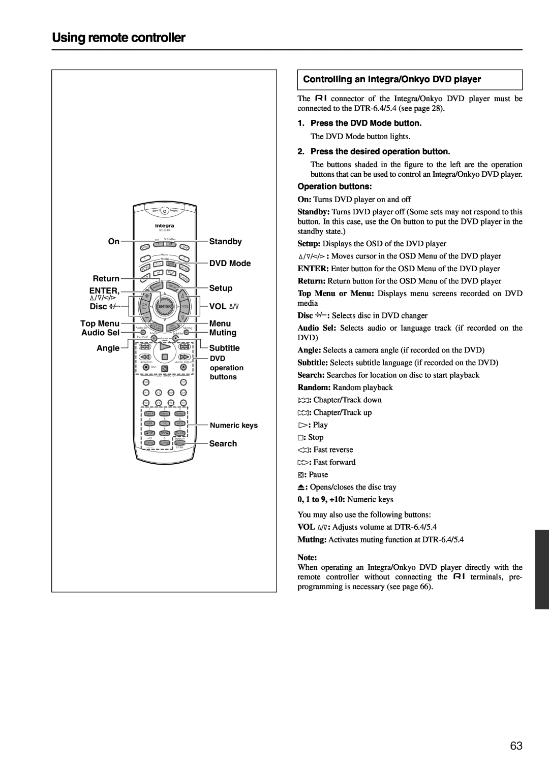 Integra DTR-6.4/5.4 instruction manual Using remote controller, Controlling an Integra/Onkyo DVD player 