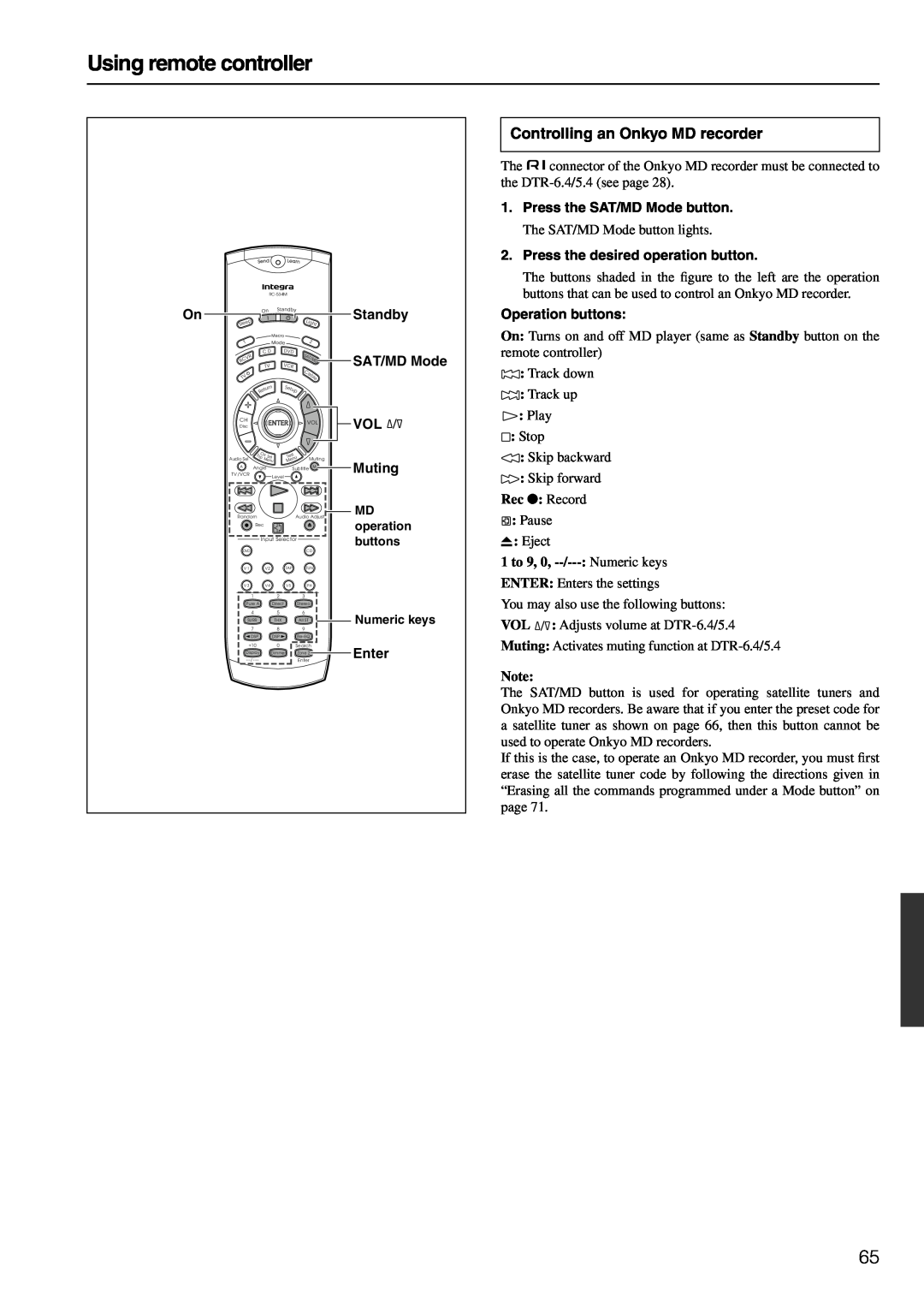 Integra DTR-6.4/5.4 instruction manual Controlling an Onkyo MD recorder, Using remote controller, Rec : Record 