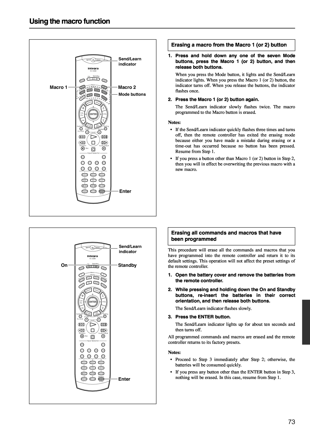 Integra DTR-6.4/5.4 instruction manual Using the macro function, Erasing a macro from the Macro 1 or 2 button, Notes 