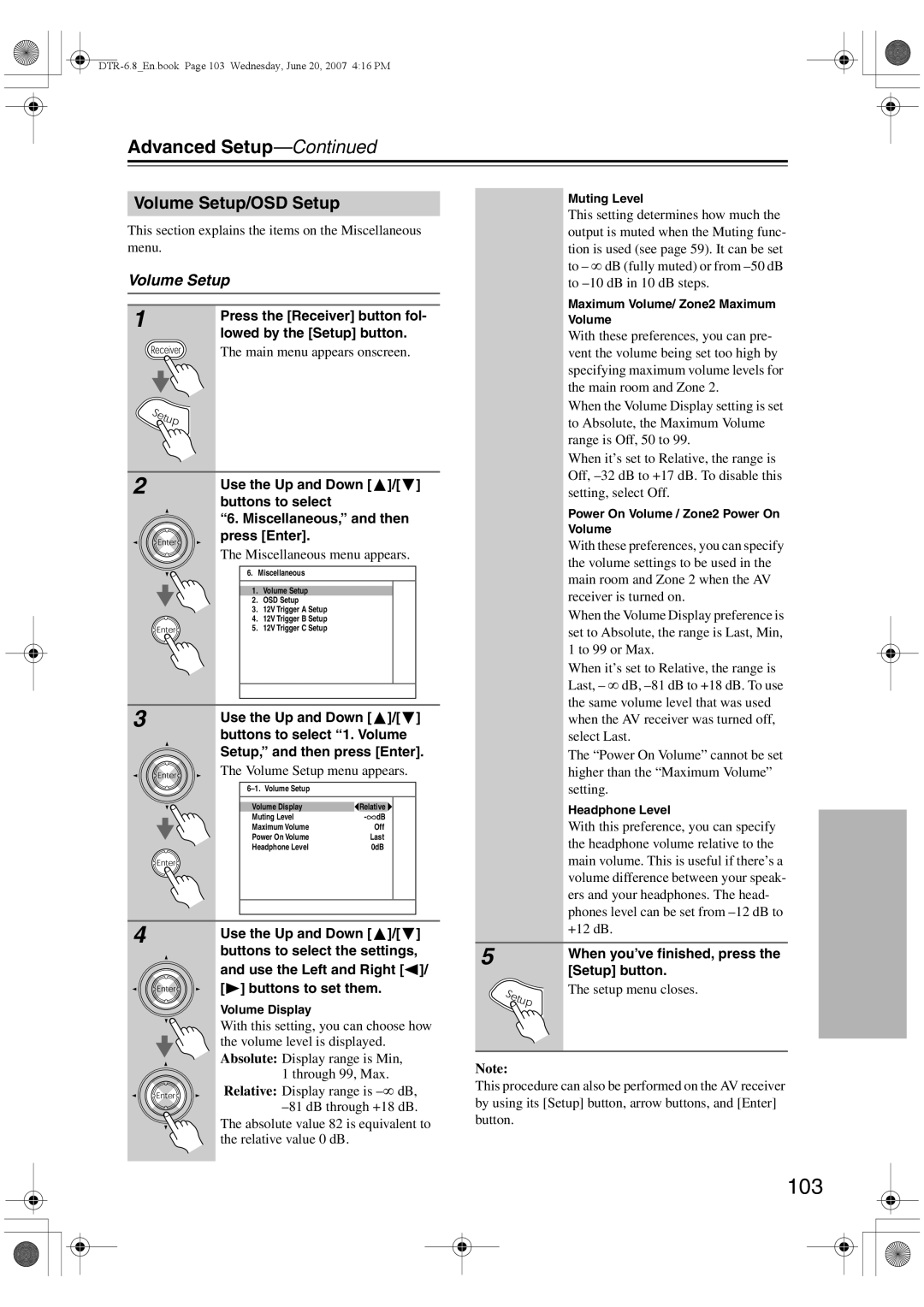 Integra DTR-6.8 instruction manual 103, Volume Setup/OSD Setup, Buttons to select 1. Volume, Volume Setup menu appears 