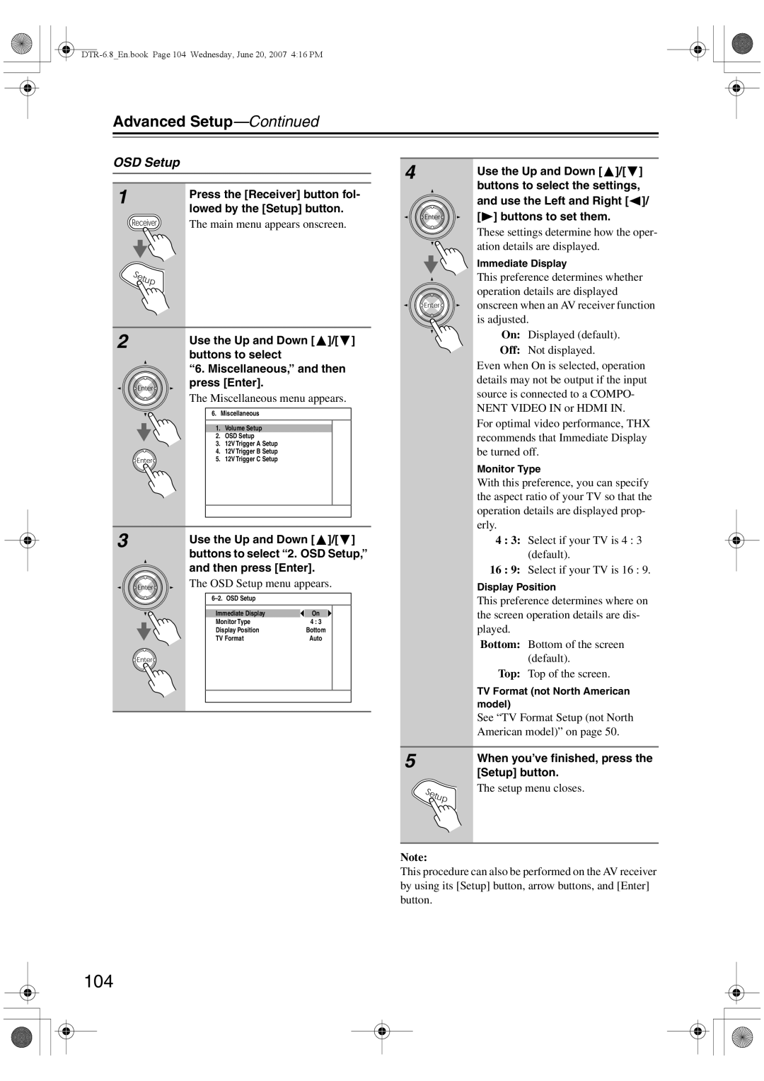 Integra DTR-6.8 instruction manual 104, OSD Setup, See TV Format Setup not North American model on 