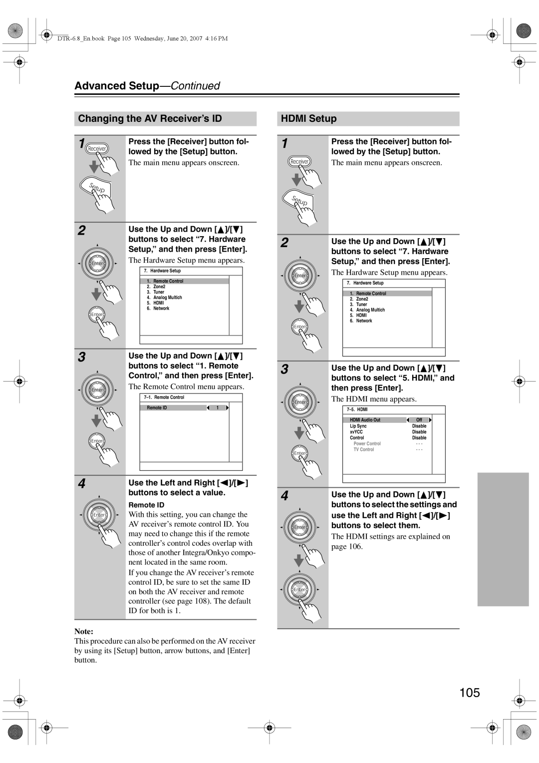 Integra DTR-6.8 instruction manual 105, Changing the AV Receiver’s ID, Hdmi Setup 