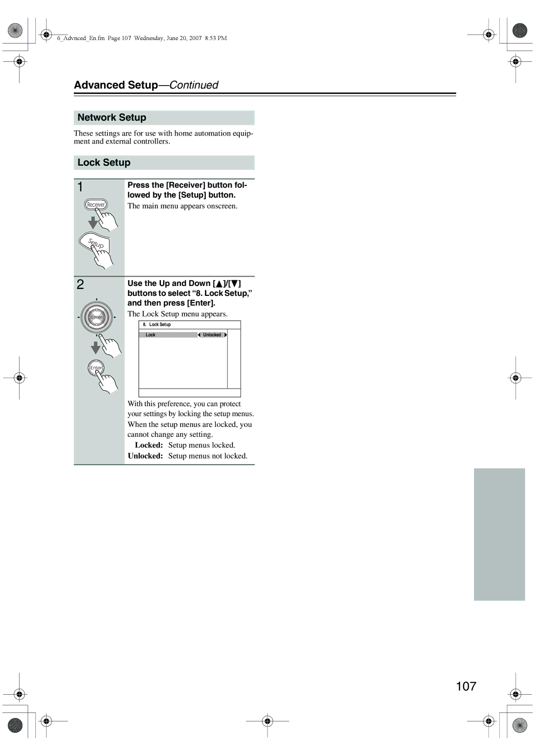 Integra DTR-6.8 instruction manual 107, Network Setup, Lock Setup menu appears 