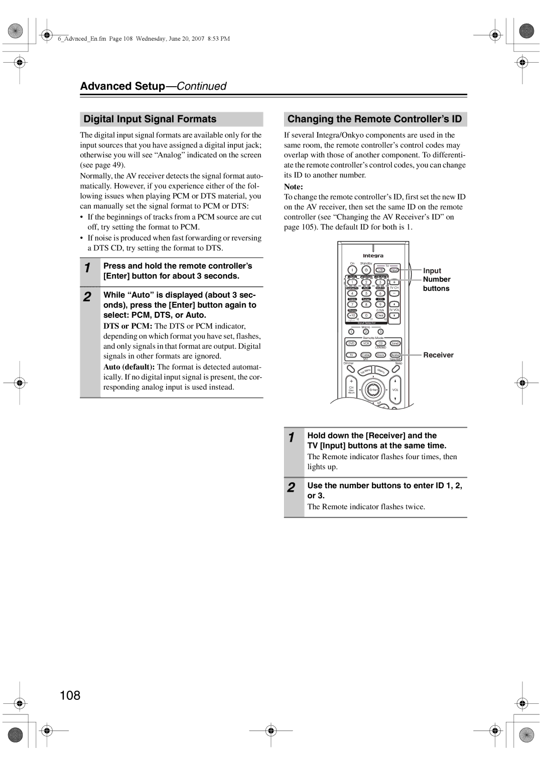 Integra DTR-6.8 instruction manual 108, Digital Input Signal Formats, Changing the Remote Controller’s ID 