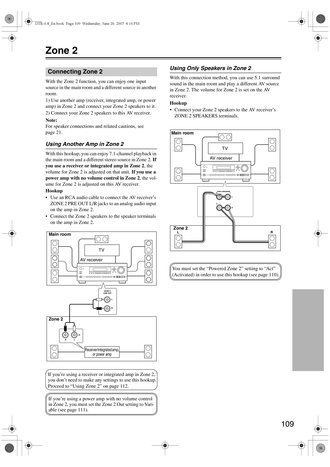 Integra DTR-6.8 instruction manual 109, Connecting Zone, Using Another Amp in Zone, Using Only Speakers in Zone 