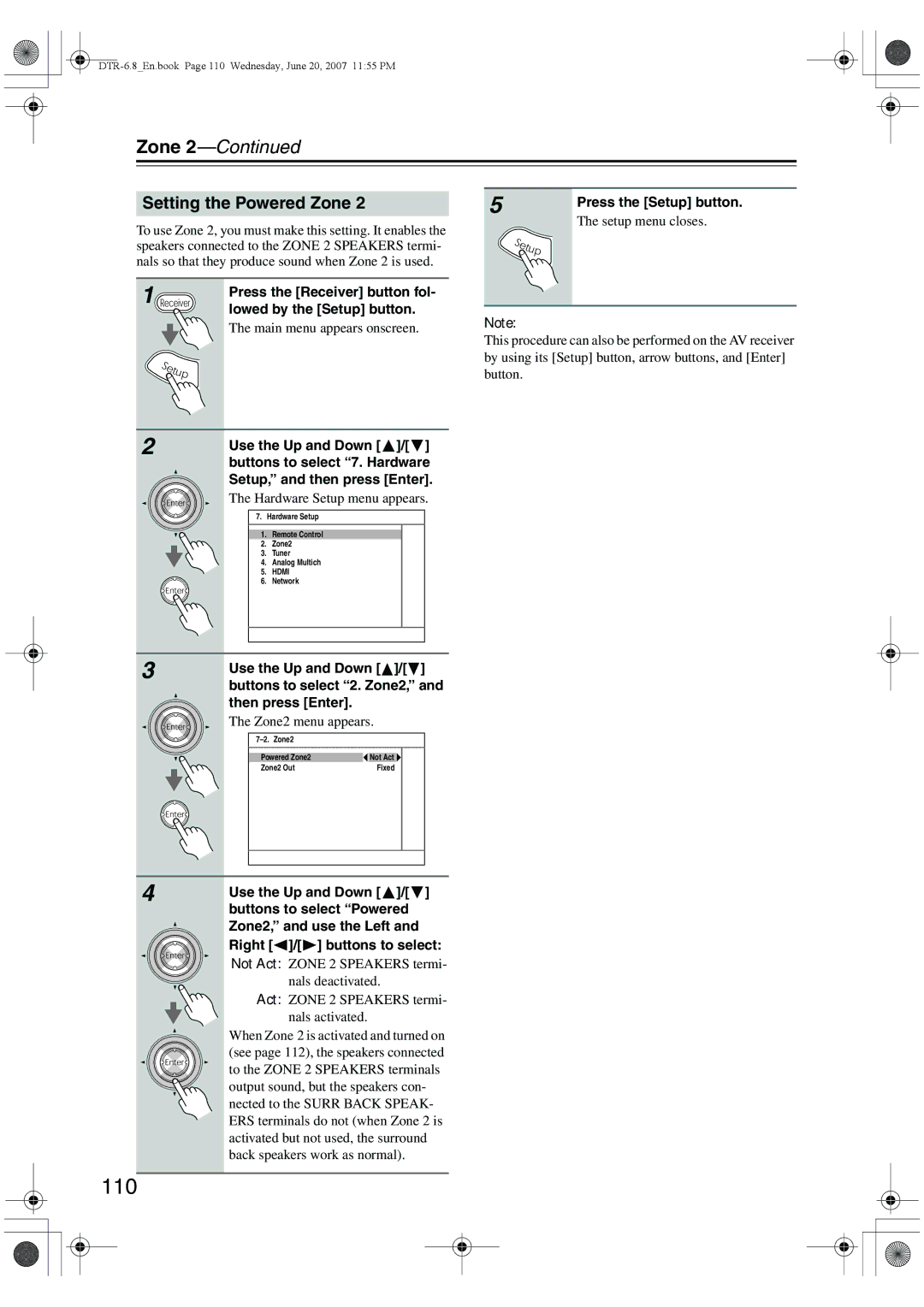 Integra DTR-6.8 instruction manual 110, Setting the Powered Zone, Zone2 menu appears 