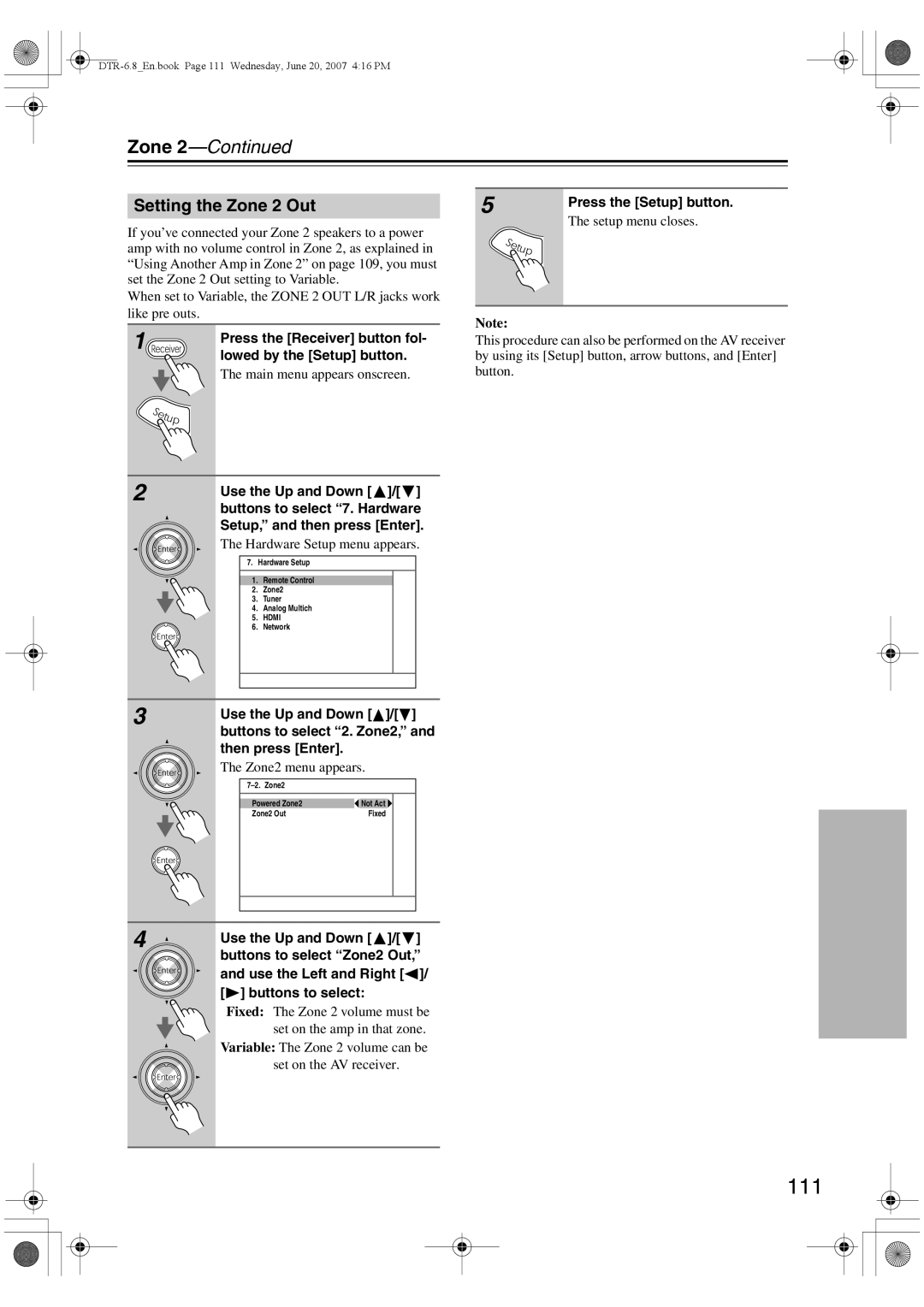 Integra DTR-6.8 instruction manual 111, Setting the Zone 2 Out, Buttons to select 2. Zone2 