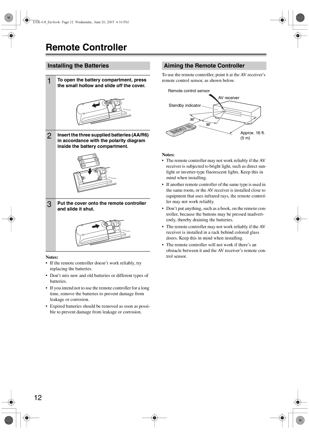 Integra DTR-6.8 instruction manual Installing the Batteries, Aiming the Remote Controller 