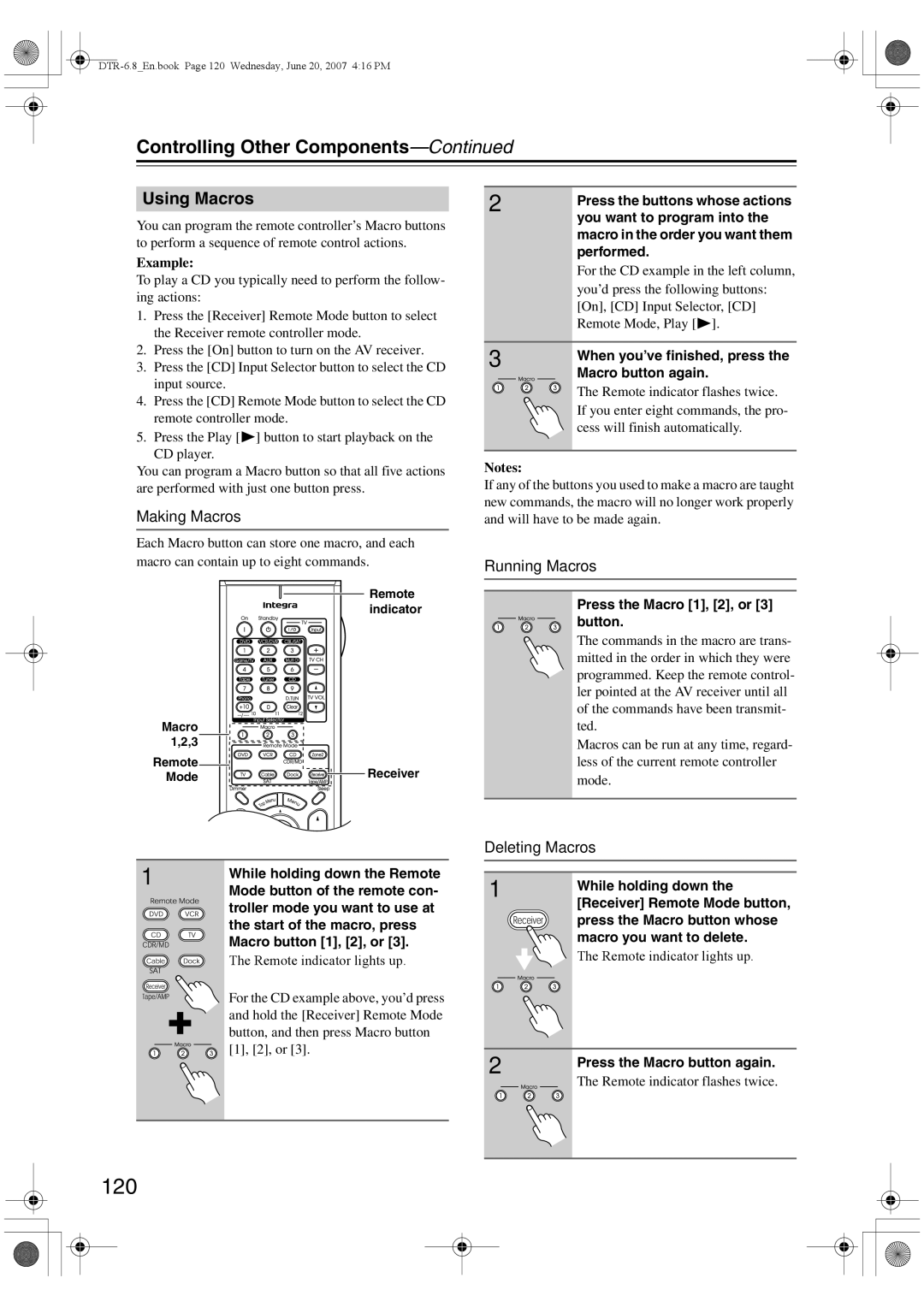 Integra DTR-6.8 instruction manual 120, Using Macros, Making Macros, Running Macros, Deleting Macros 