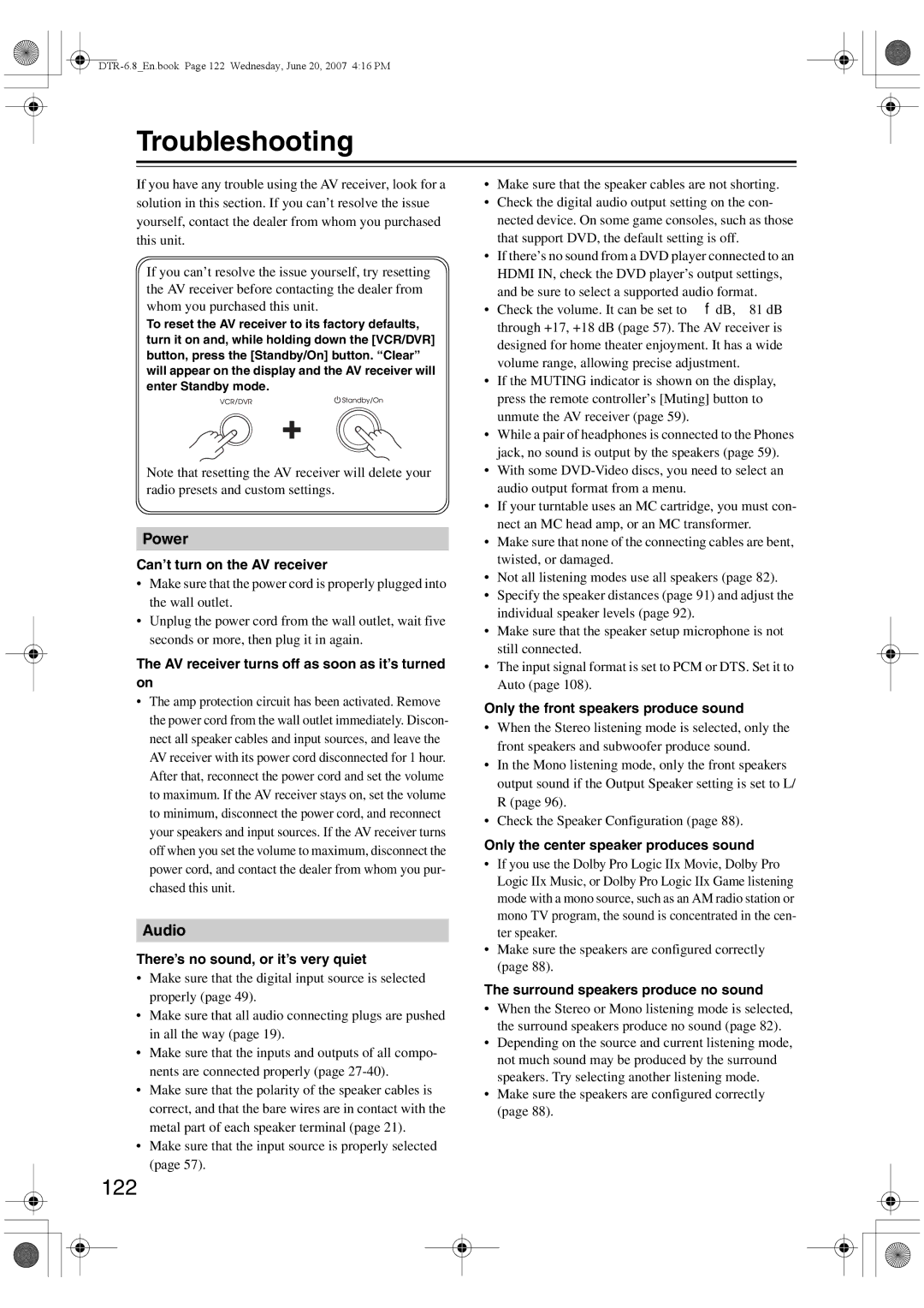 Integra DTR-6.8 instruction manual Troubleshooting, 122 