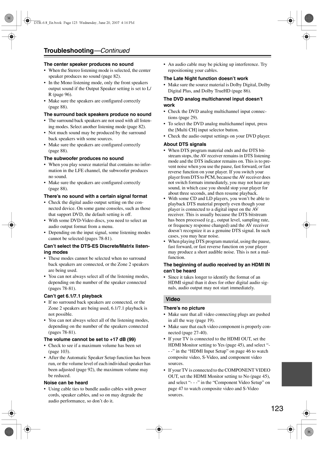 Integra DTR-6.8 instruction manual 123, Troubleshooting 