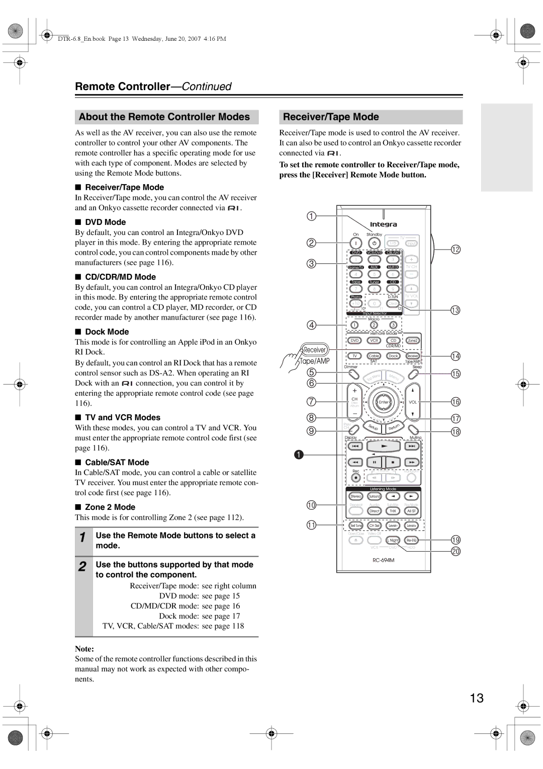 Integra DTR-6.8 instruction manual About the Remote Controller Modes, Receiver/Tape Mode 