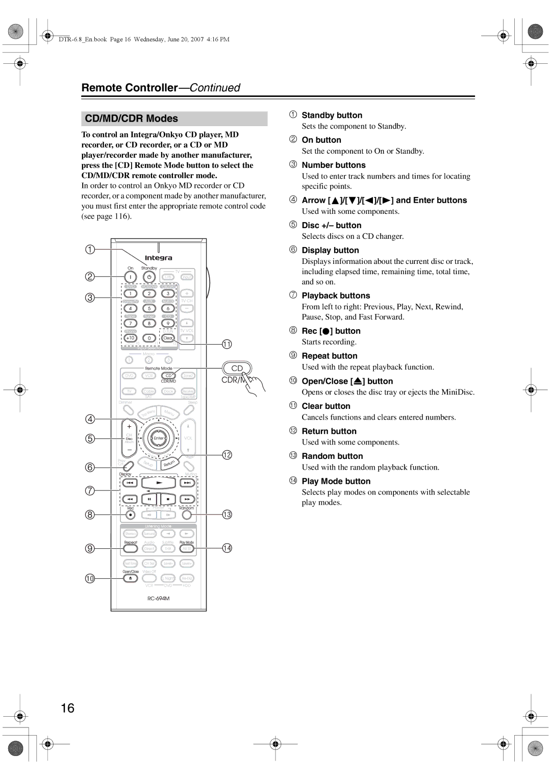 Integra DTR-6.8 instruction manual CD/MD/CDR Modes 