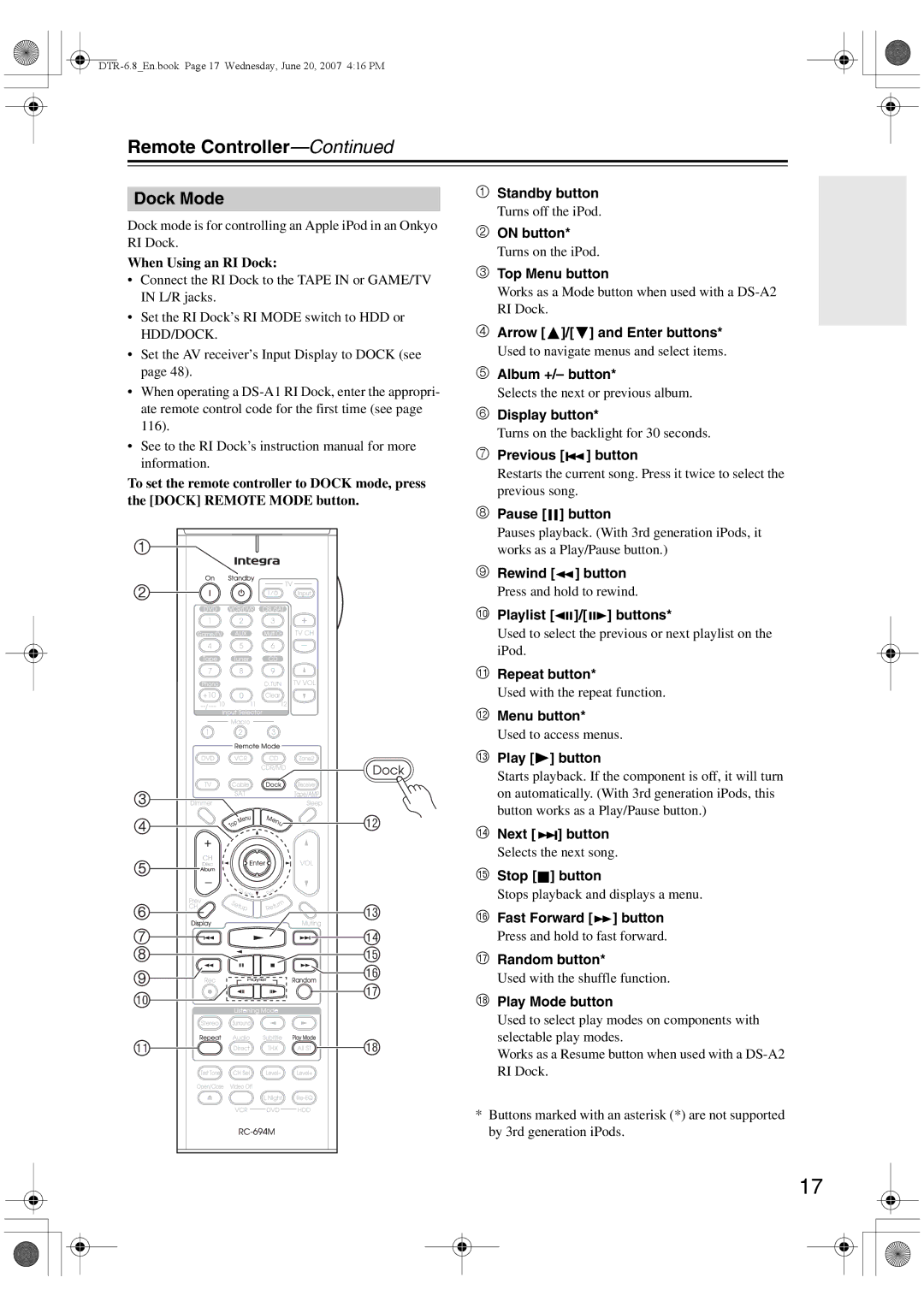 Integra DTR-6.8 instruction manual Dock Mode 