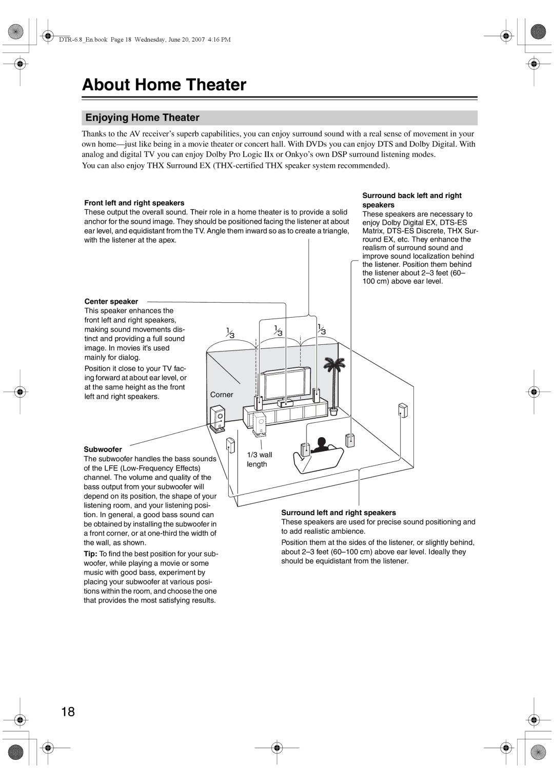 Integra DTR-6.8 instruction manual About Home Theater, Enjoying Home Theater 