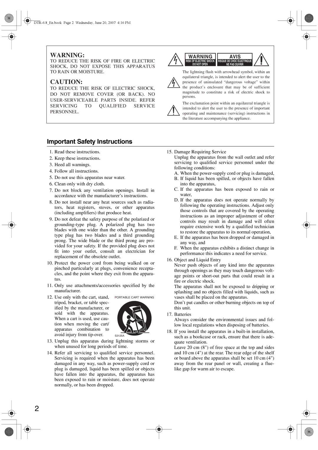 Integra DTR-6.8 instruction manual Important Safety Instructions 