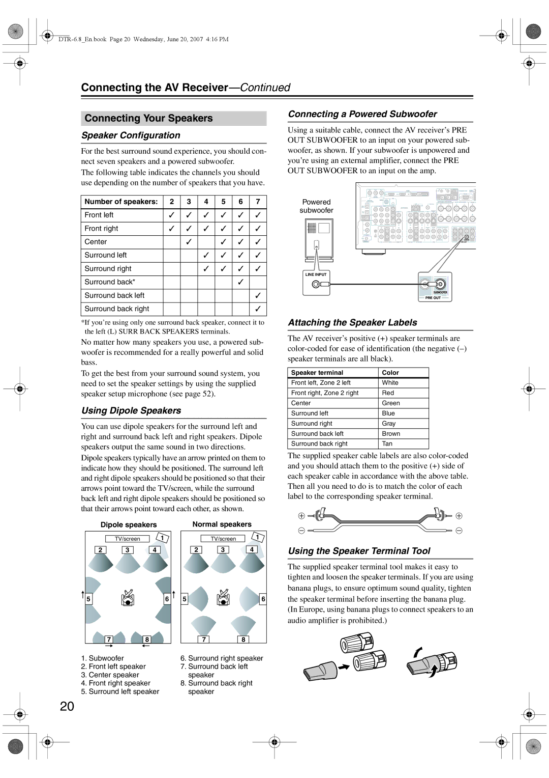 Integra DTR-6.8 instruction manual Connecting the AV Receiver, Connecting Your Speakers 