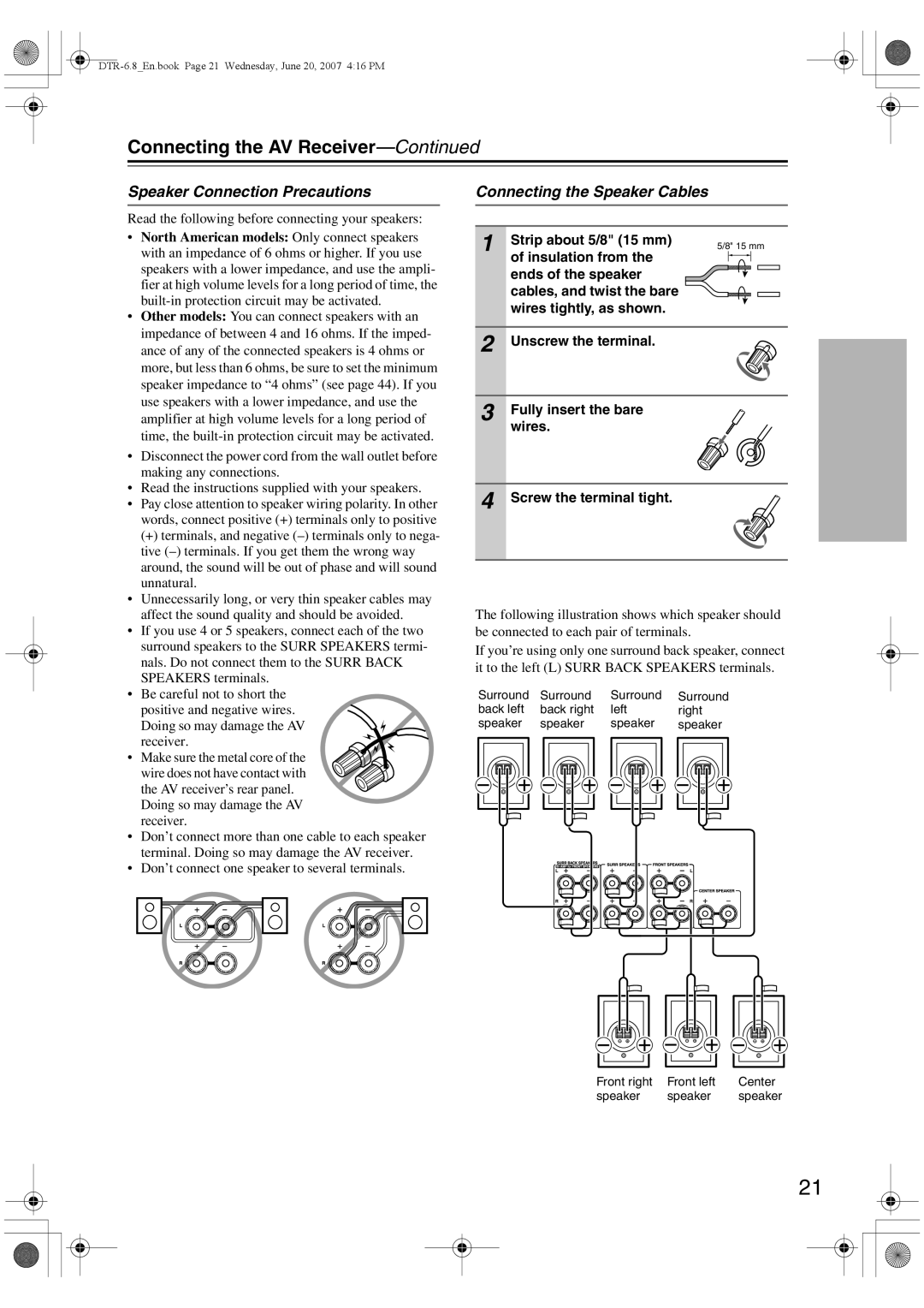 Integra DTR-6.8 instruction manual Speaker Connection Precautions, Connecting the Speaker Cables, Strip about 5/8 15 mm 