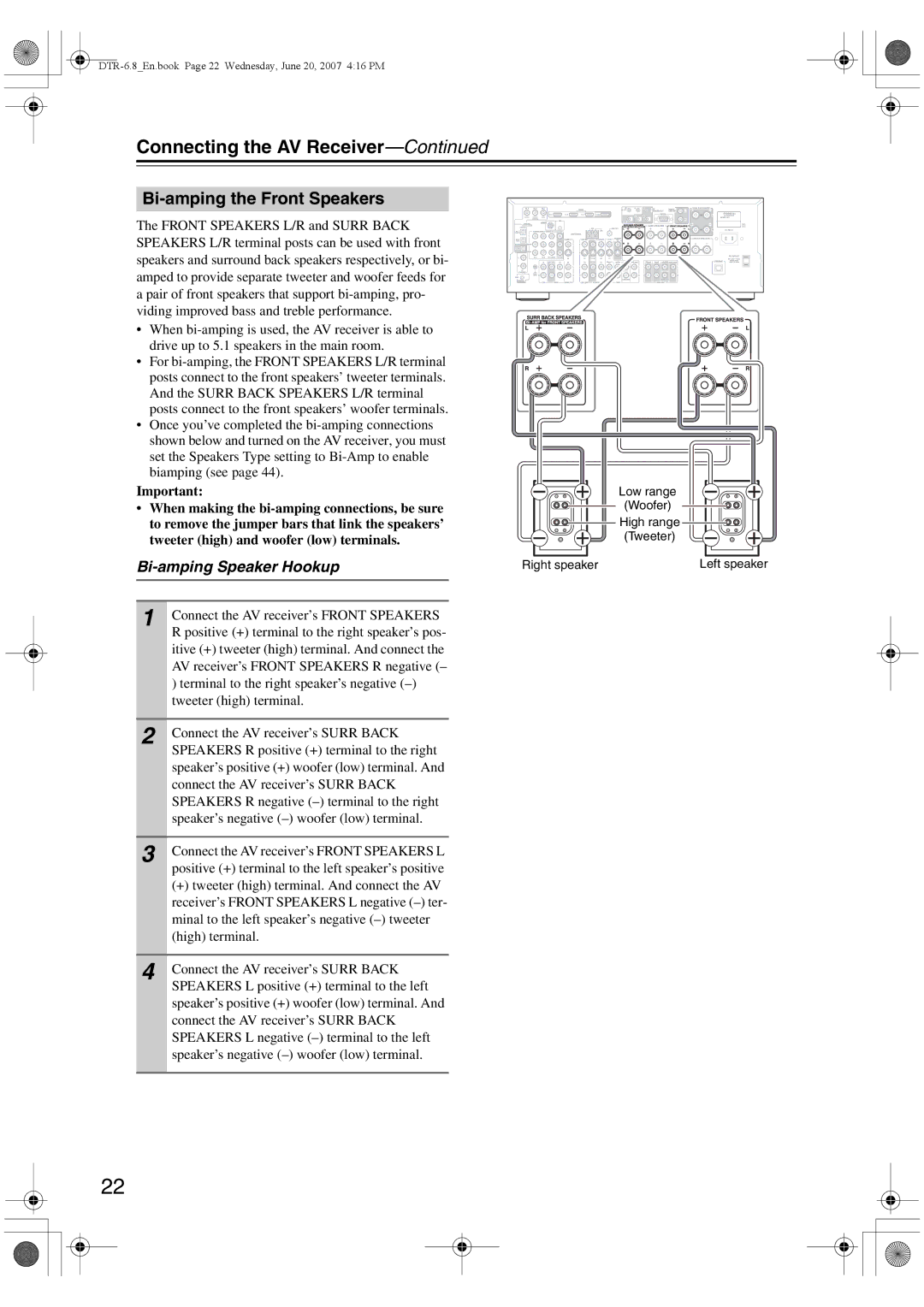 Integra DTR-6.8 instruction manual Bi-amping the Front Speakers, Bi-amping Speaker Hookup 