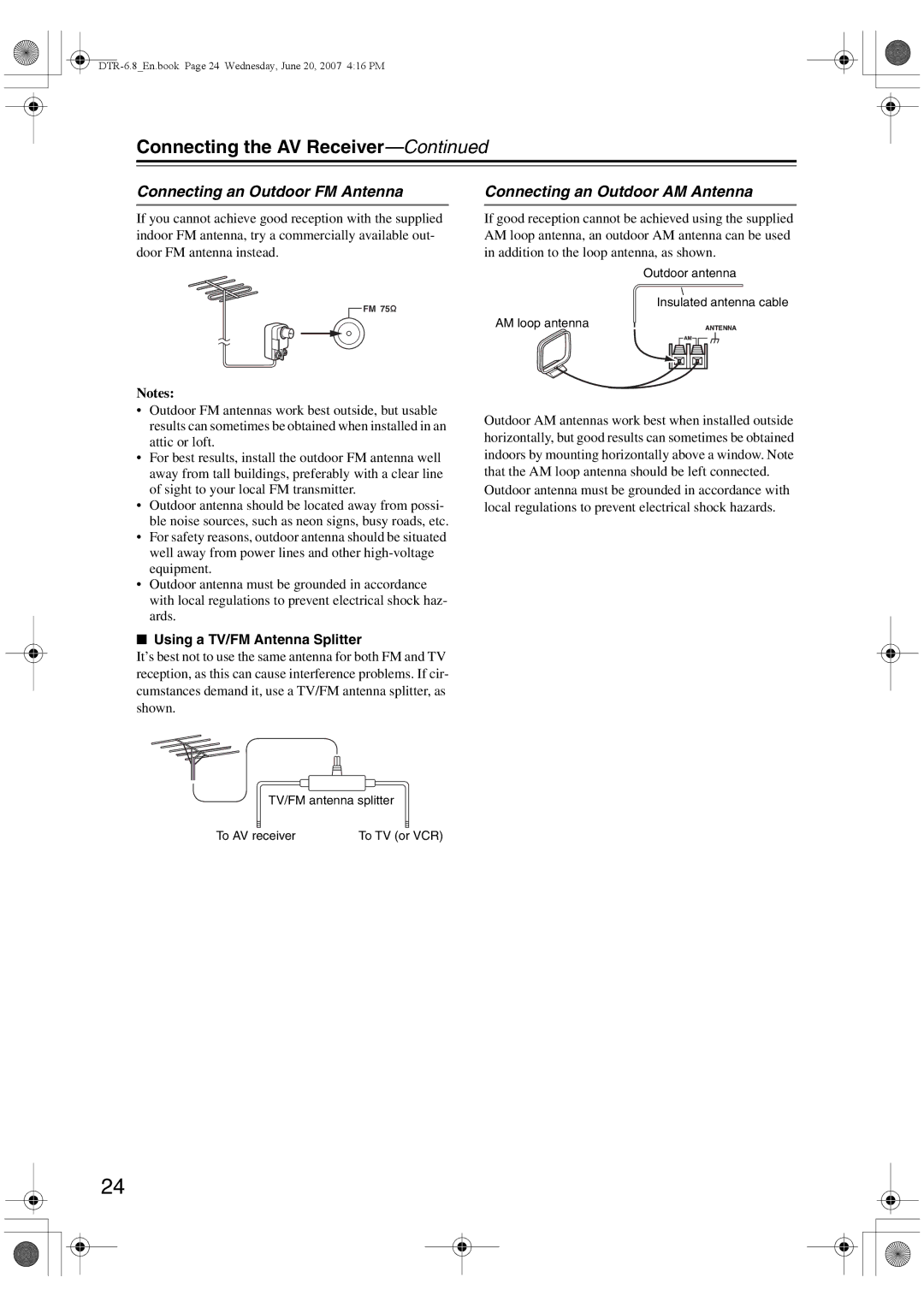 Integra DTR-6.8 Connecting an Outdoor FM Antenna, Connecting an Outdoor AM Antenna, Using a TV/FM Antenna Splitter 