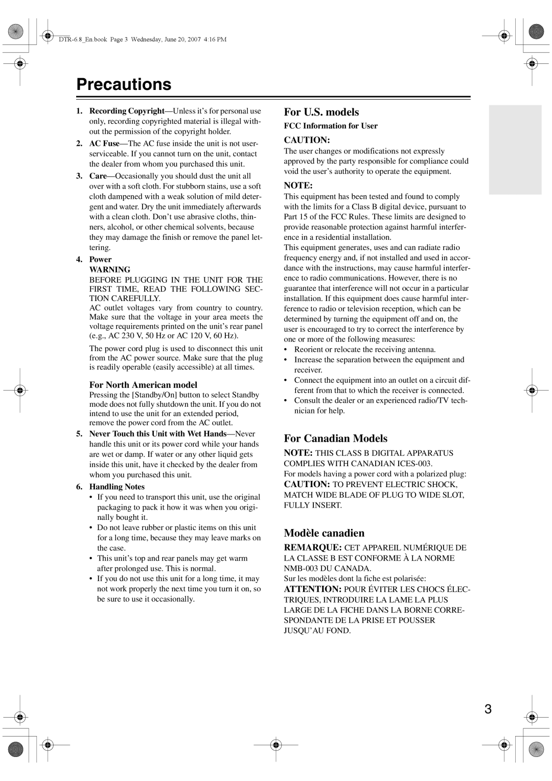 Integra DTR-6.8 Precautions, Power, FCC Information for User, For models having a power cord with a polarized plug 