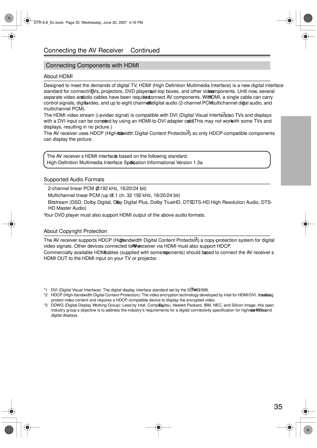 Integra DTR-6.8 Connecting Components with Hdmi, About Hdmi, Supported Audio Formats, About Copyright Protection 