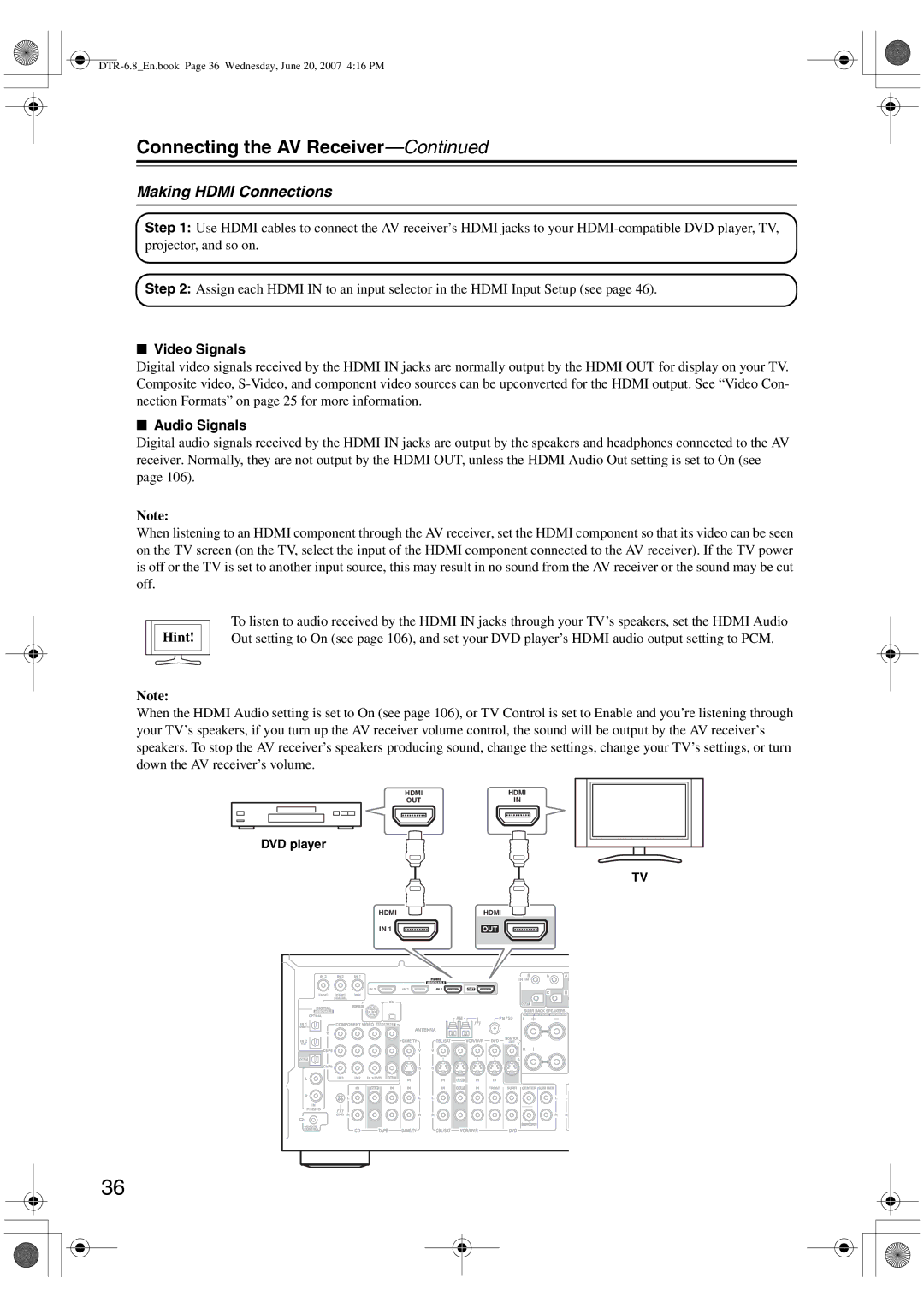 Integra DTR-6.8 instruction manual Making Hdmi Connections, Video Signals, Audio Signals 