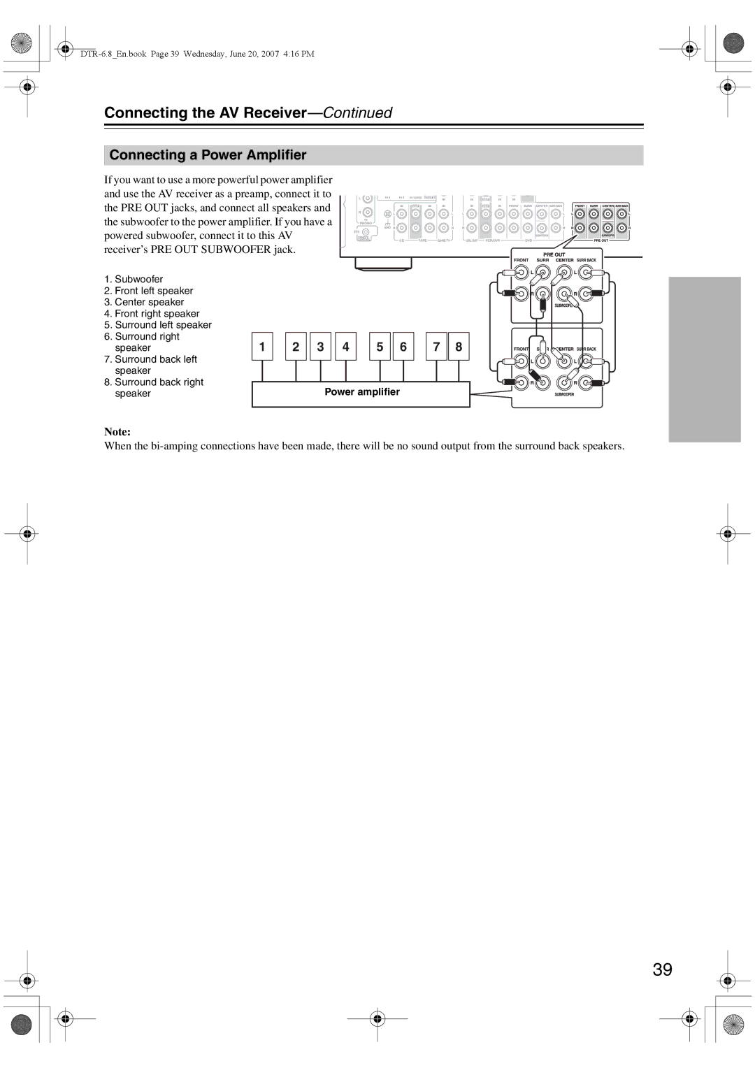 Integra DTR-6.8 instruction manual Connecting a Power Amplifier 