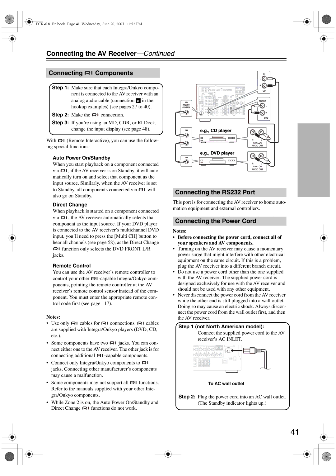 Integra DTR-6.8 instruction manual Connecting Components, Connecting the RS232 Port, Connecting the Power Cord 