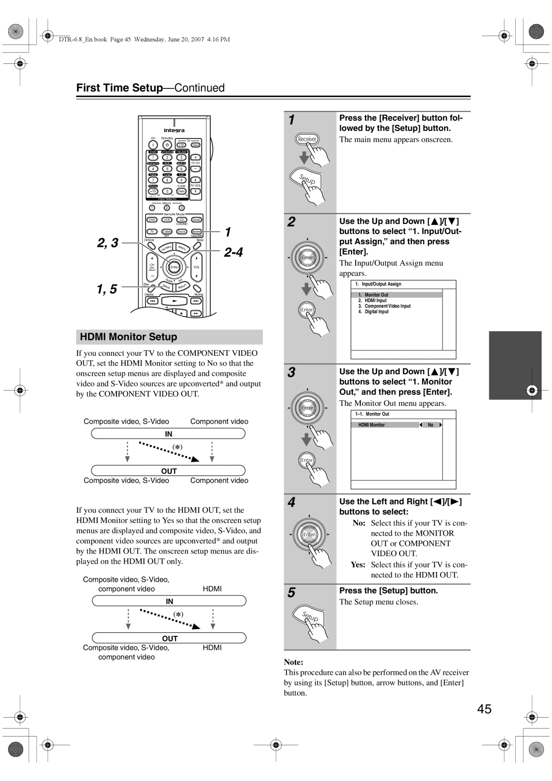 Integra DTR-6.8 instruction manual Hdmi Monitor Setup 