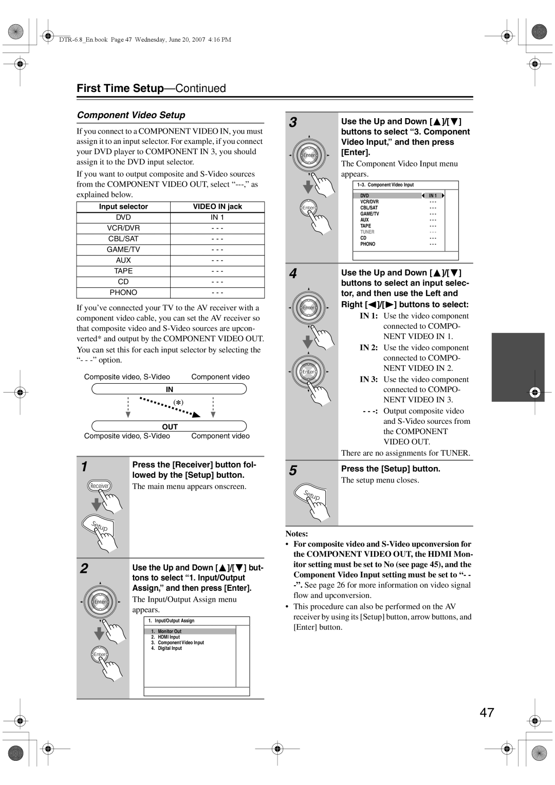 Integra DTR-6.8 instruction manual Component Video Setup, Use the Up and Down / but, Tons to select 1. Input/Output 