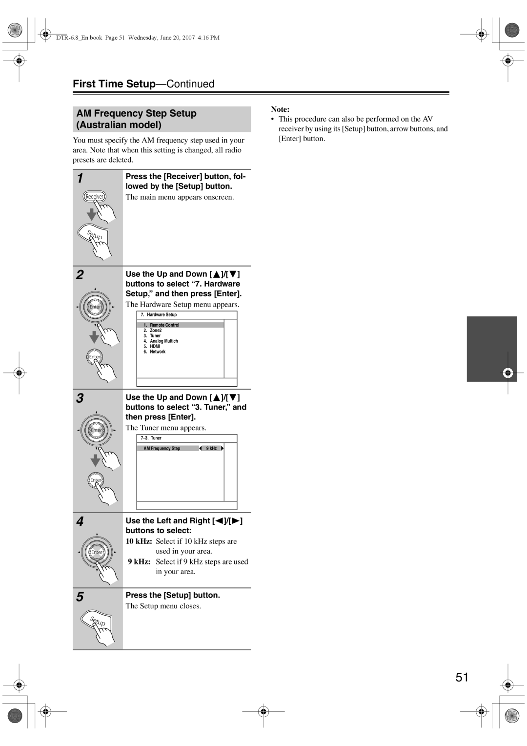 Integra DTR-6.8 instruction manual AM Frequency Step Setup Australian model, Press the Receiver button, fol 