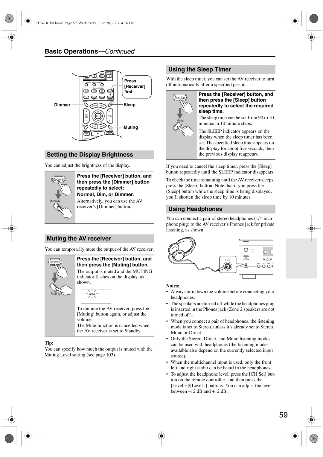 Integra DTR-6.8 Setting the Display Brightness, Muting the AV receiver, Using the Sleep Timer, Using Headphones 