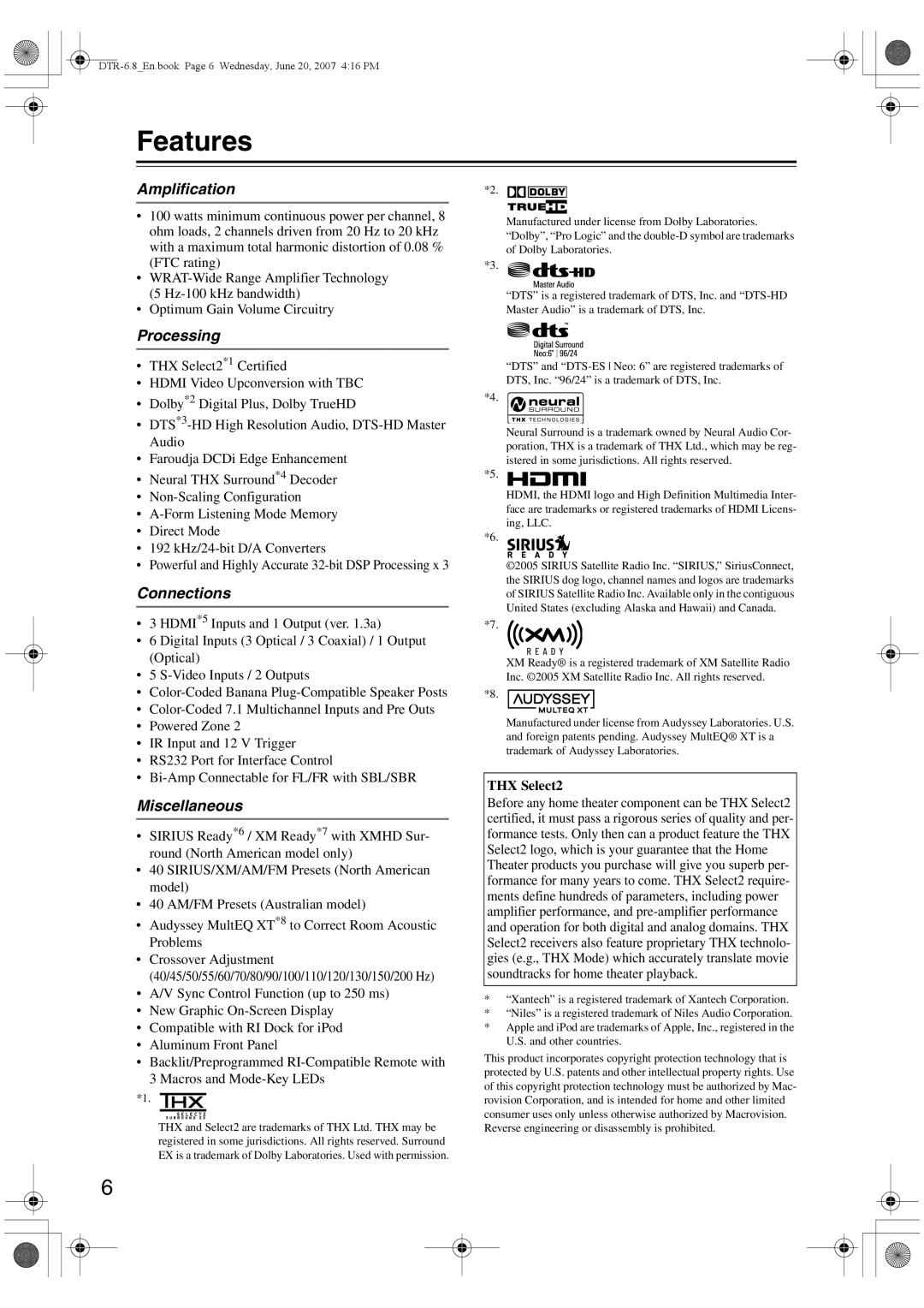 Integra DTR-6.8 instruction manual Features, Amplification, Processing, Connections, Miscellaneous 