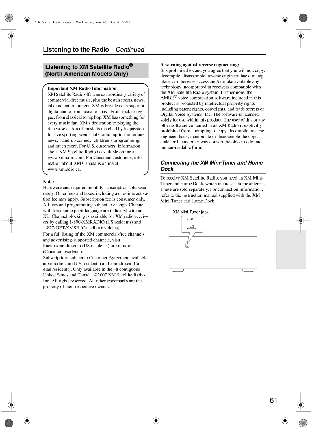 Integra DTR-6.8 instruction manual Listening to the Radio, Listening to XM Satellite Radio North American Models Only 