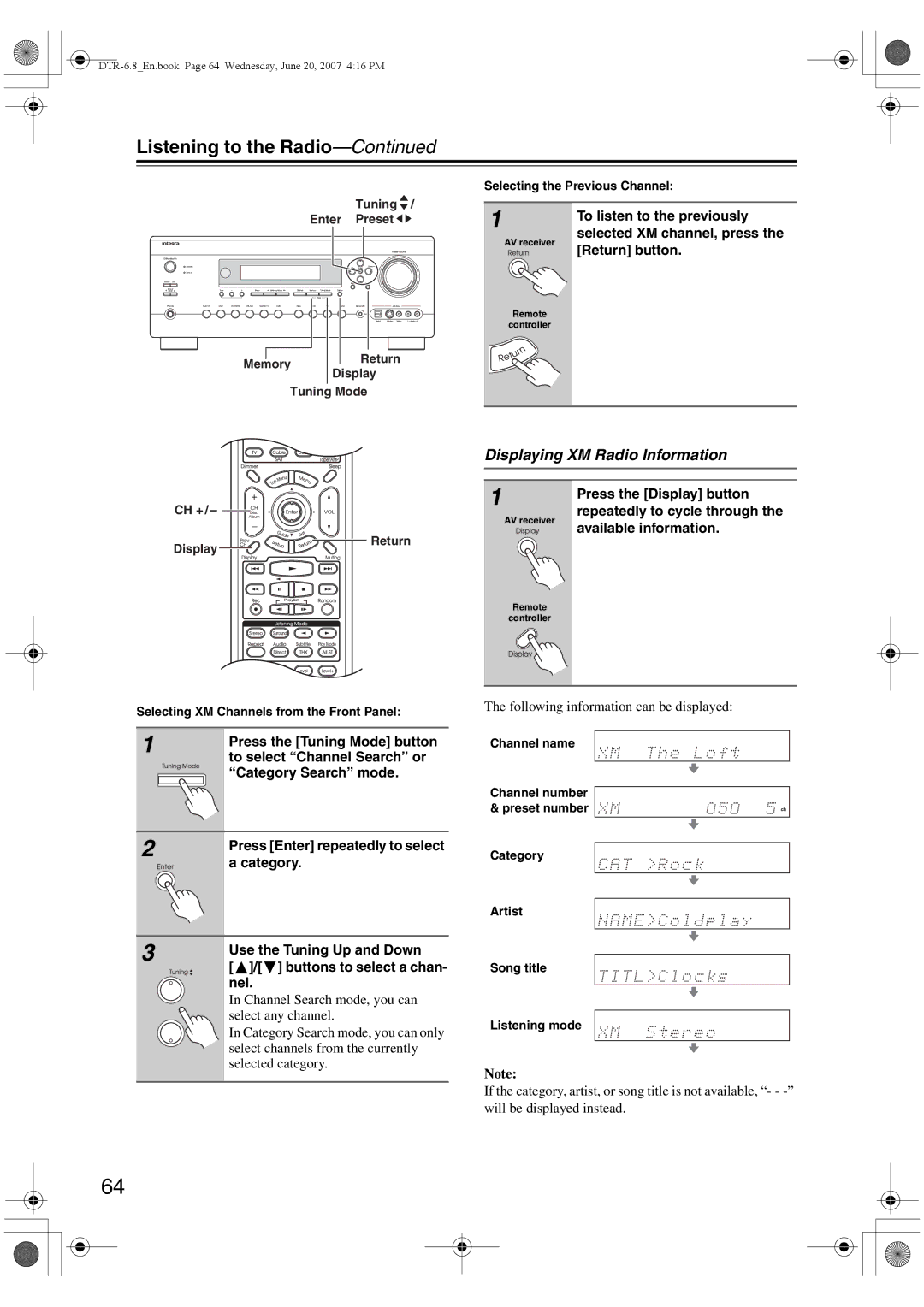 Integra DTR-6.8 instruction manual Displaying XM Radio Information 