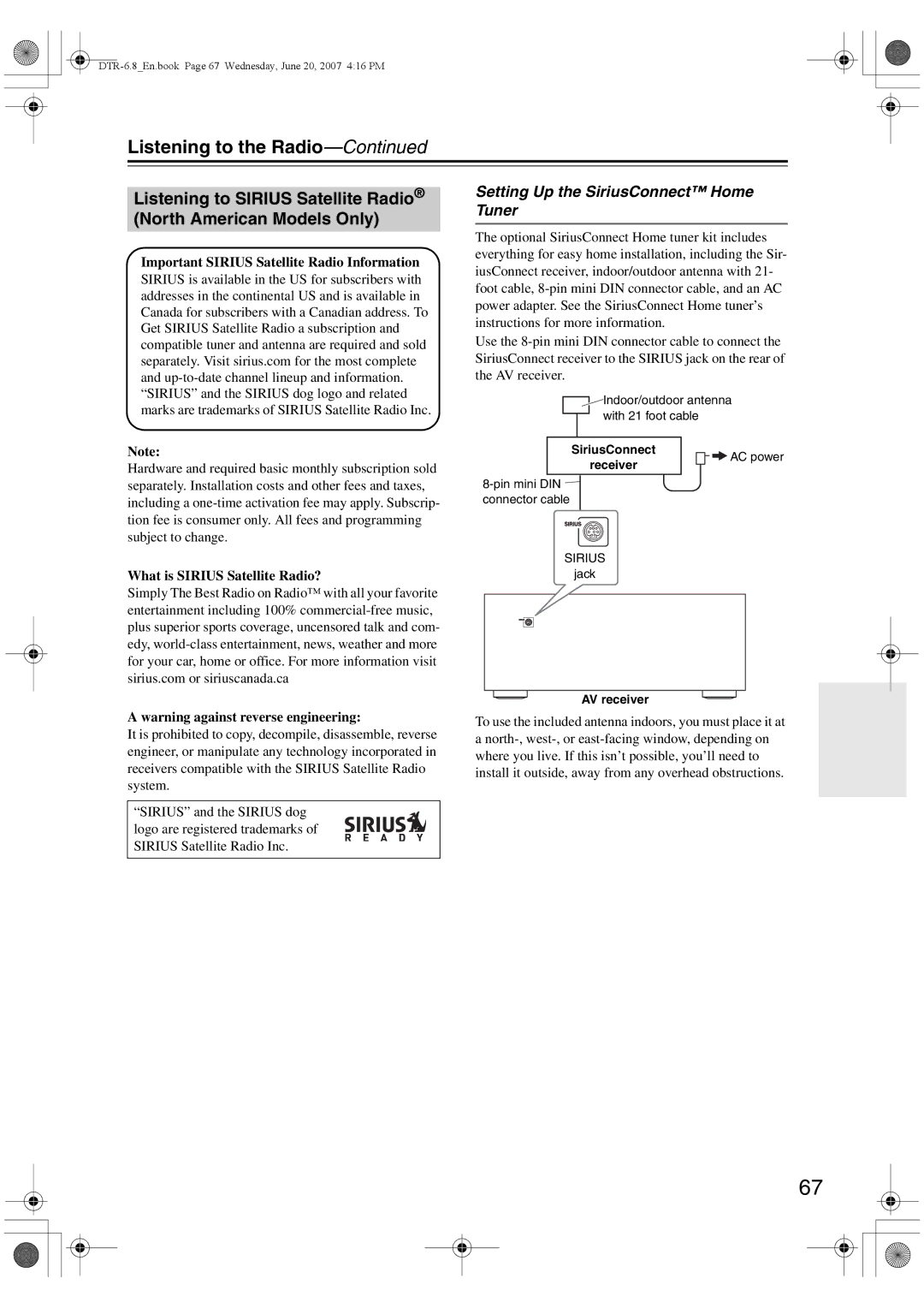 Integra DTR-6.8 instruction manual Setting Up the SiriusConnect Home Tuner, Important Sirius Satellite Radio Information 