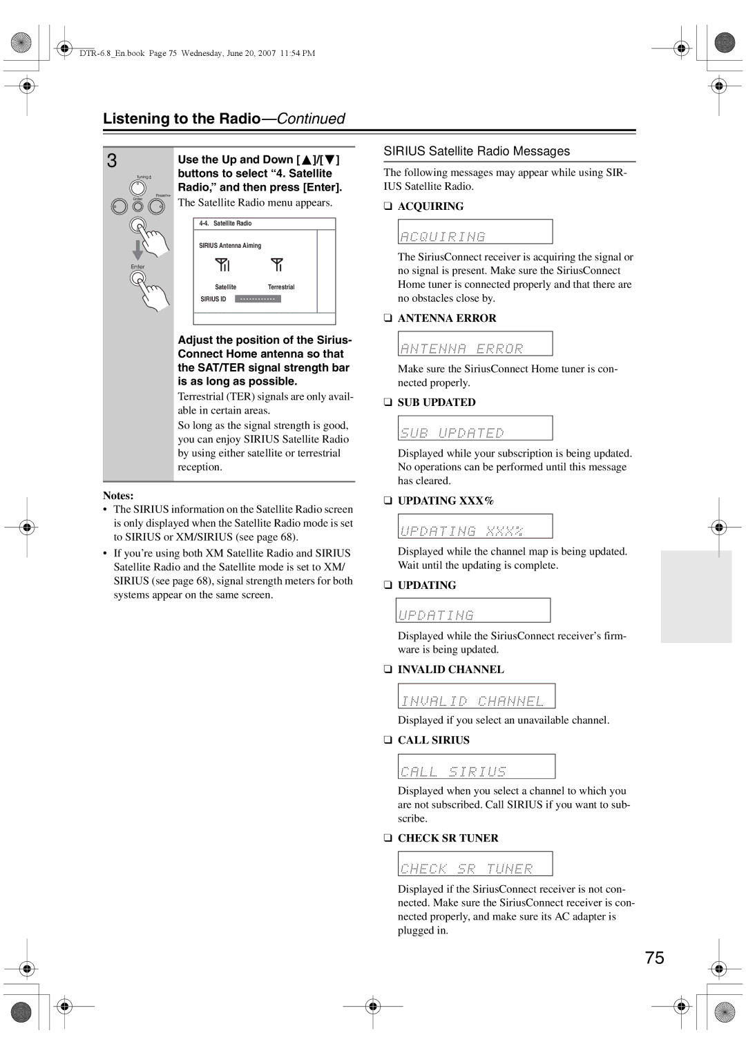 Integra DTR-6.8 instruction manual Sirius Satellite Radio Messages, Displayed if you select an unavailable channel 