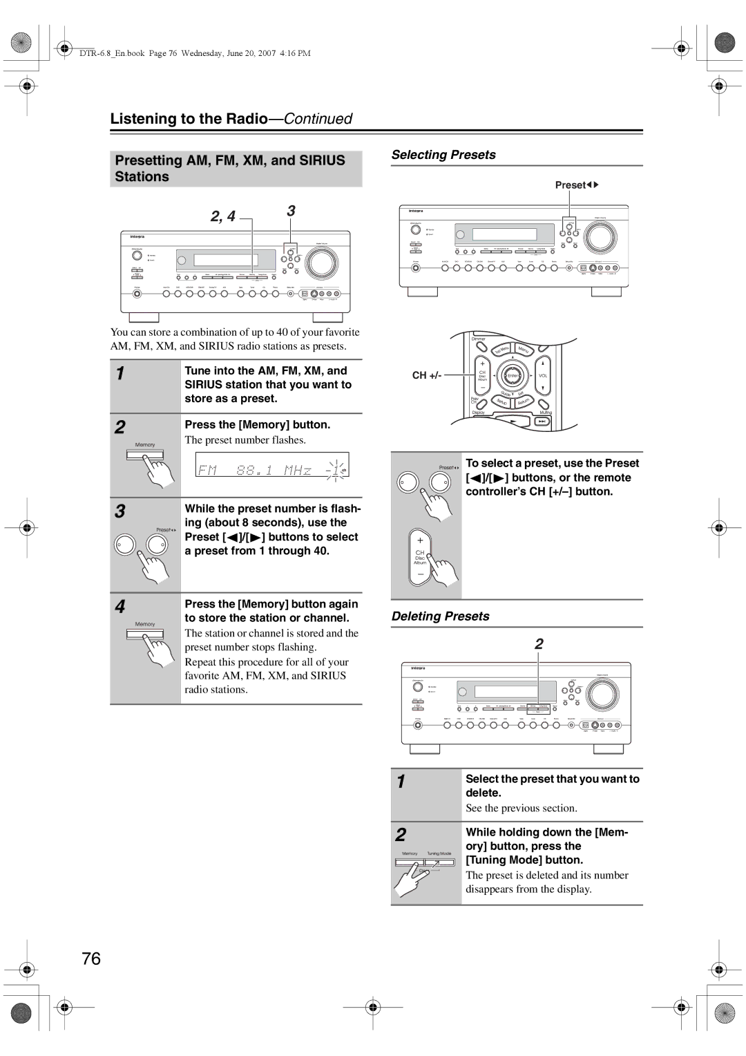 Integra DTR-6.8 instruction manual Presetting AM, FM, XM, and Sirius Stations, Selecting Presets, Deleting Presets 