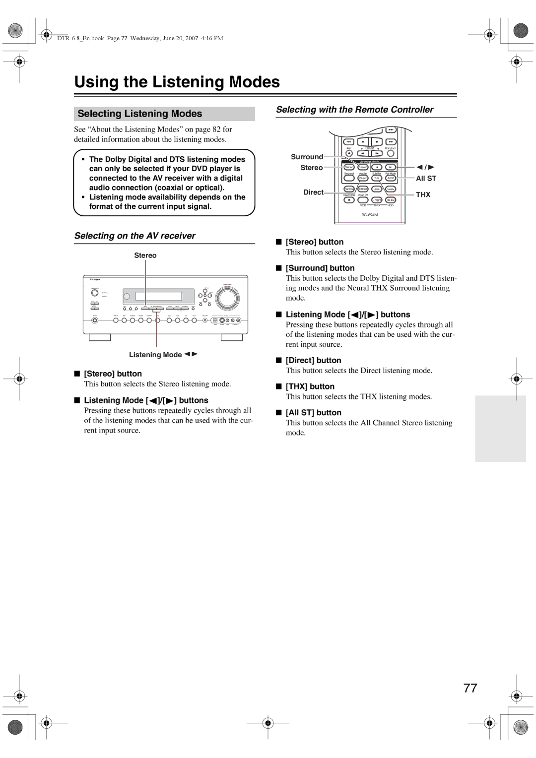 Integra DTR-6.8 Using the Listening Modes, Selecting Listening Modes, Selecting with the Remote Controller 