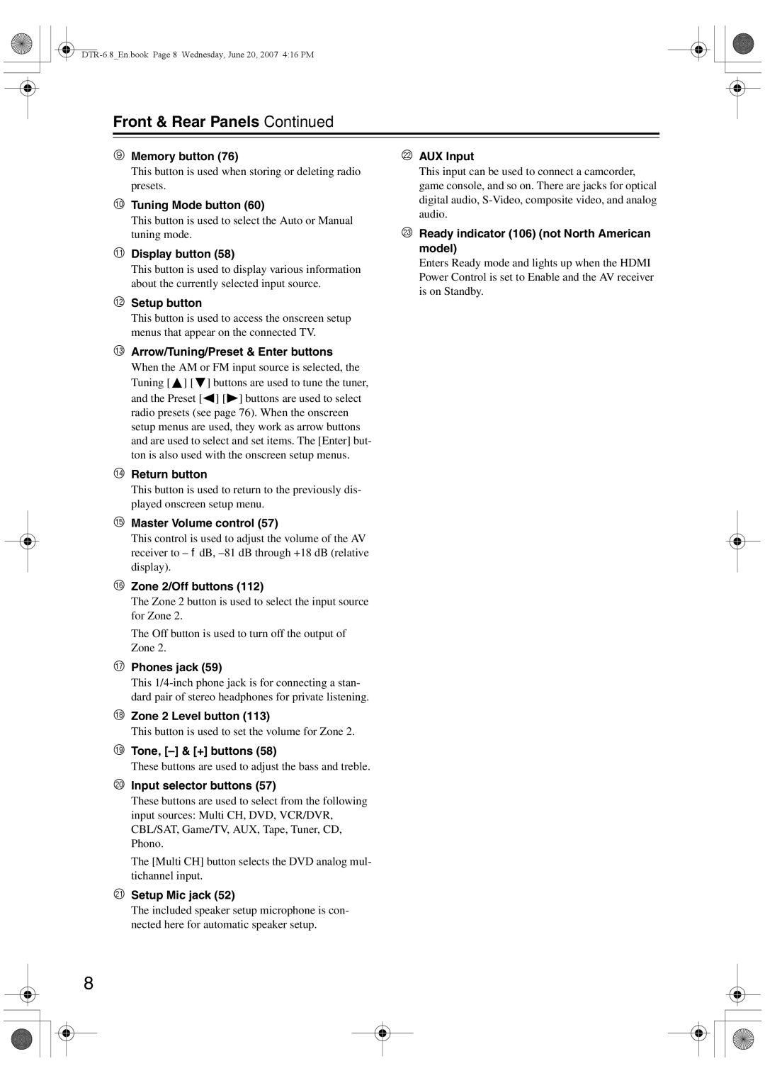 Integra DTR-6.8 instruction manual Front & Rear Panels 