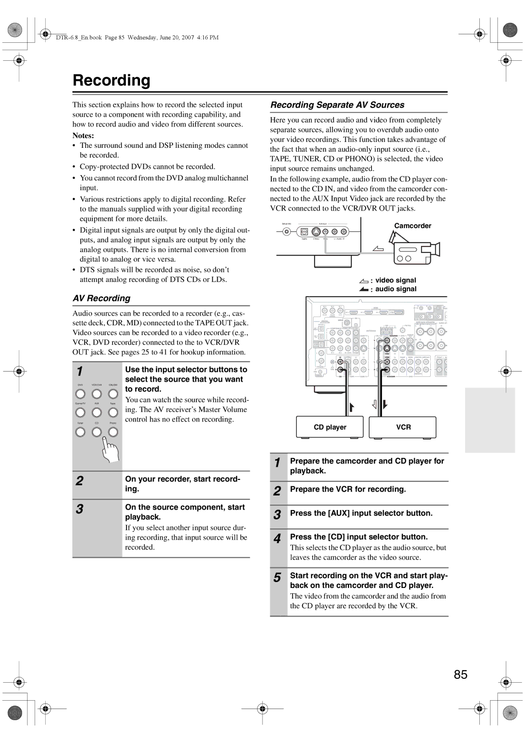 Integra DTR-6.8 instruction manual Recording Separate AV Sources, AV Recording 