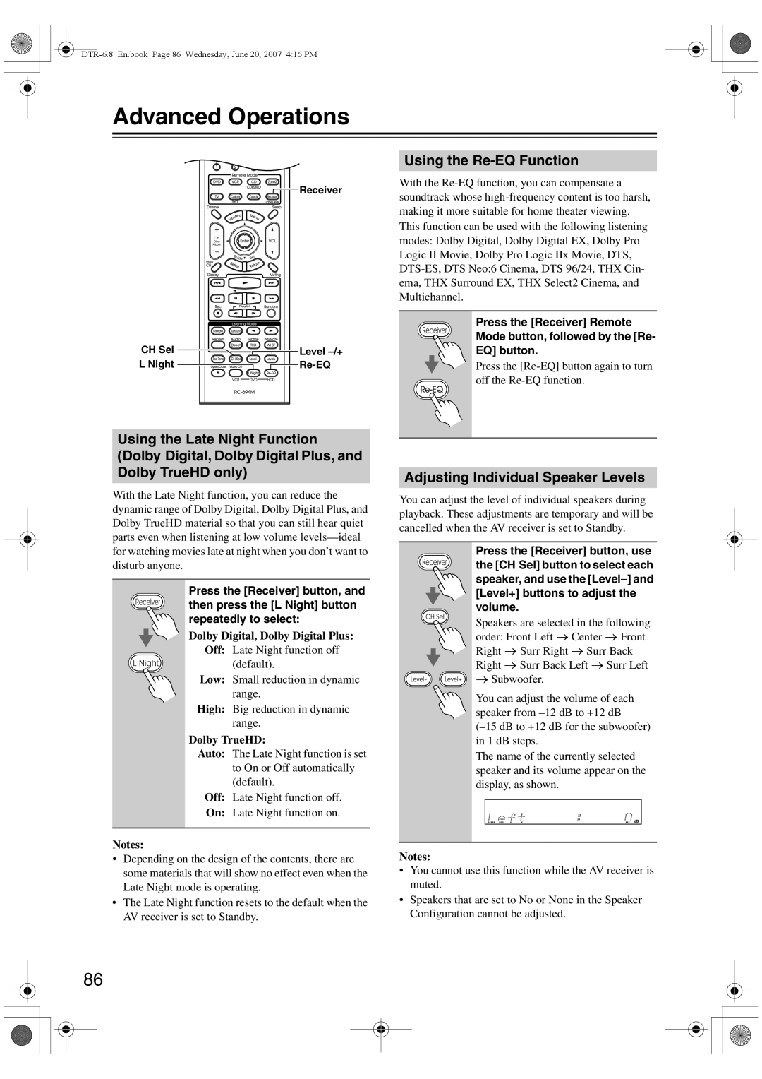 Integra DTR-6.8 Advanced Operations, Using the Re-EQ Function, Adjusting Individual Speaker Levels, Dolby TrueHD 