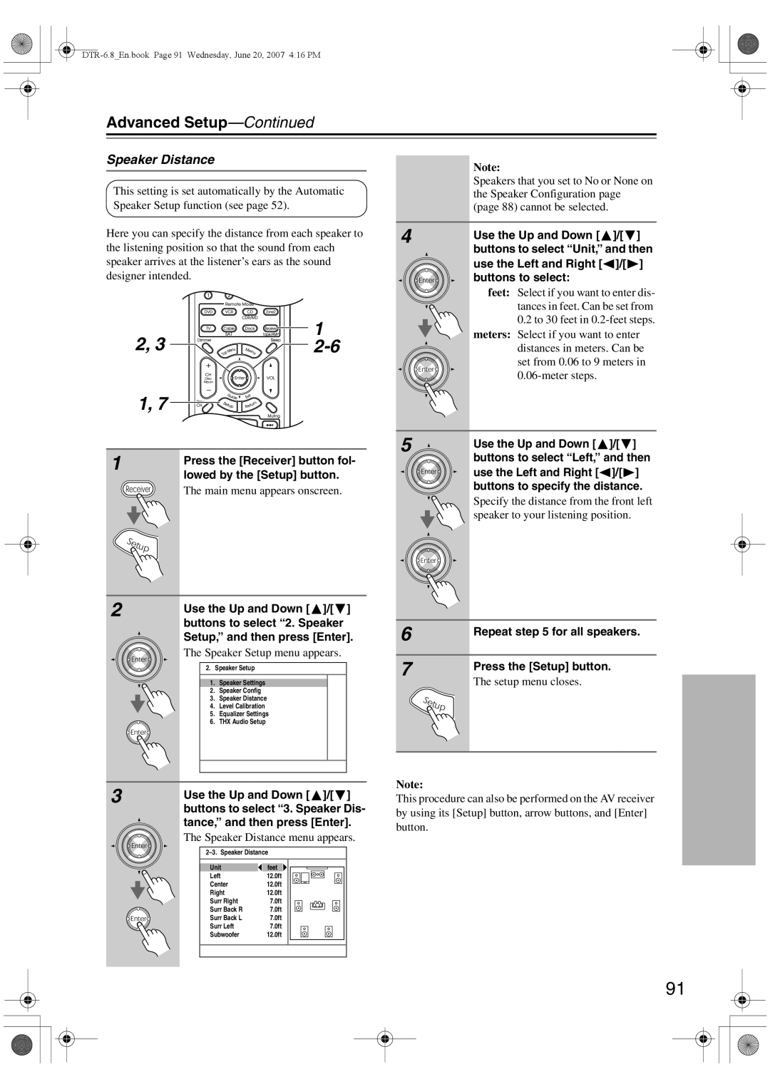 Integra DTR-6.8 instruction manual Speaker Distance menu appears, Repeat for all speakers 