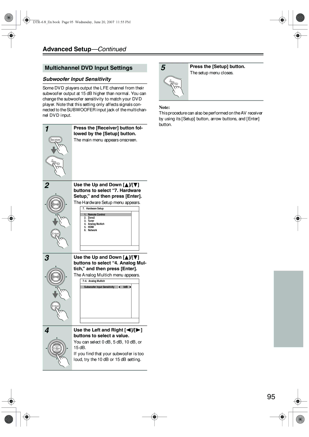 Integra DTR-6.8 Multichannel DVD Input Settings, Subwoofer Input Sensitivity, Buttons to select 4. Analog Mul 
