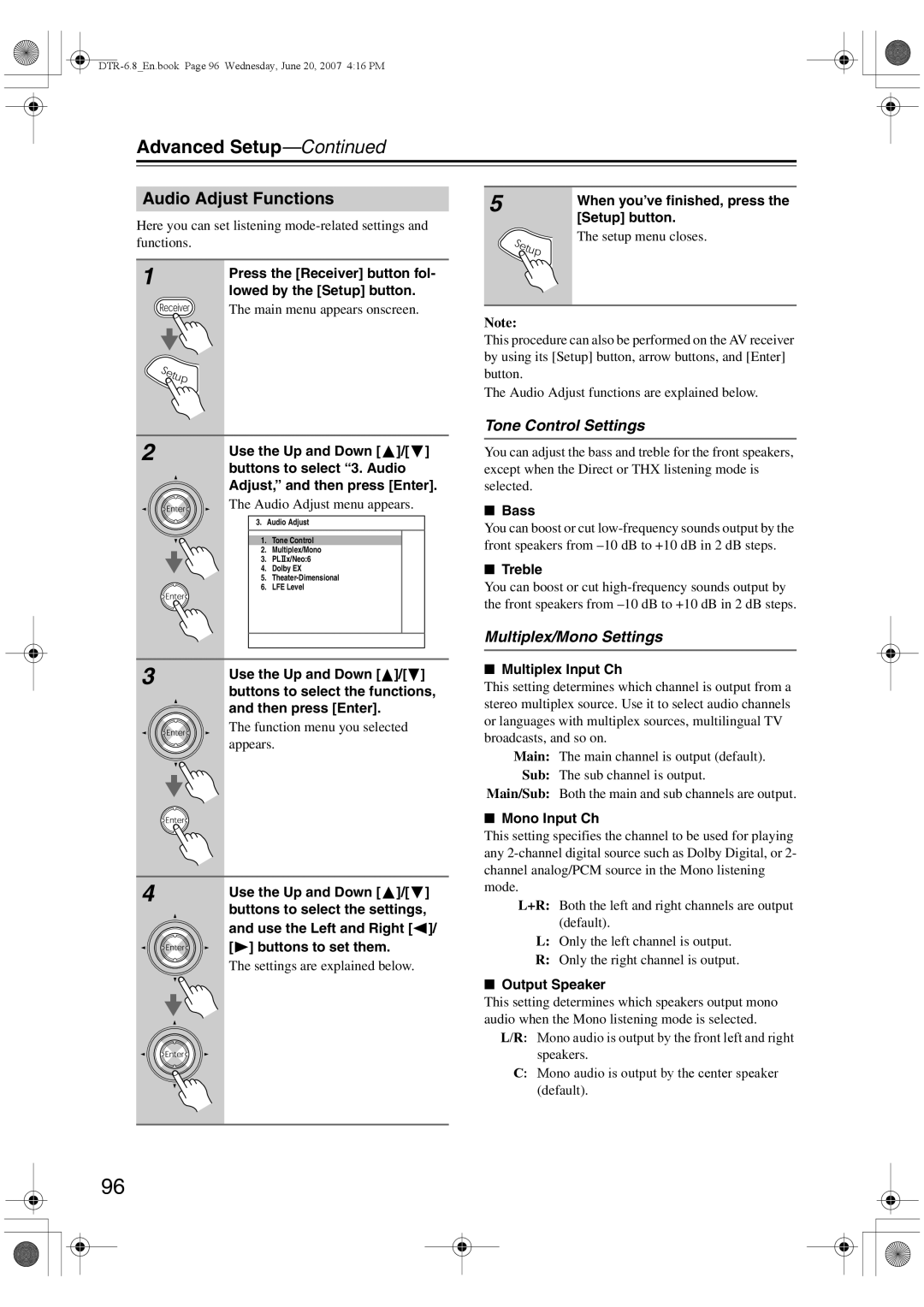 Integra DTR-6.8 instruction manual Audio Adjust Functions, Tone Control Settings, Multiplex/Mono Settings 