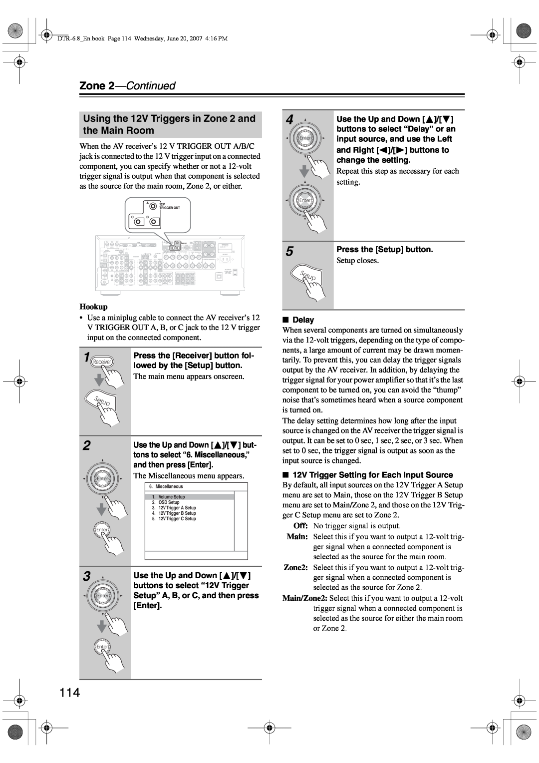Integra DTR-6.8 instruction manual Using the 12V Triggers in Zone 2 and, the Main Room, Zone 2—Continued, Hookup 